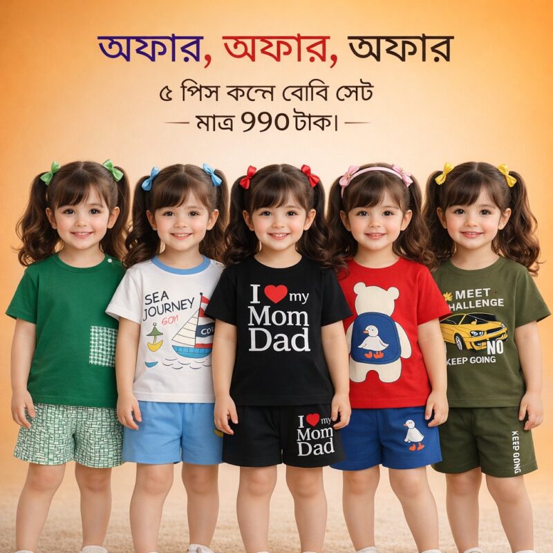 👦👧৫ সেট কম্বো অফার! ০–৬ বছর বয়সী শিশুদের  জন্য আরামদায়ক প্যান্ট + টি-শার্ট সেট!! 👕