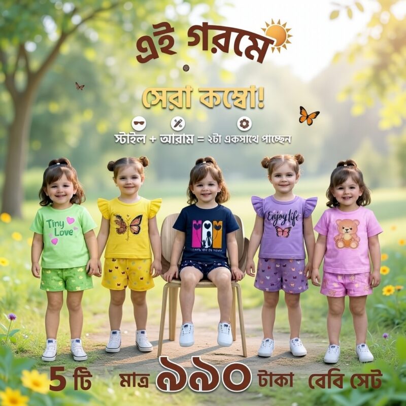 👦👧৫ সেট কম্বো অফার! ০–৬ বছর বয়সী শিশুদের  জন্য আরামদায়ক প্যান্ট + টি-শার্ট সেট!! 👕